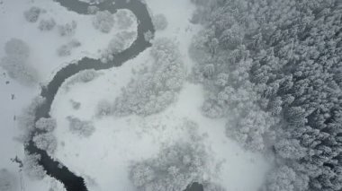 4 k. uçuş bulutlar ve donmuş ormanda vahşi sarma Nehri üzerinde. SnowLy kış kuzeyde. Havadan panoramik görünümü. 