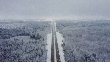 4 k. kış ormanda kar yağışı arabalar ile yol. Havadan panoramik görünümü. Ufuk noktası bakış açısı.