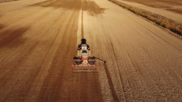 Tarım Sürecinin Havadan Görünümü Traktör Pulluklar Tohumlama Yapar Alanda Tarım — Stok video