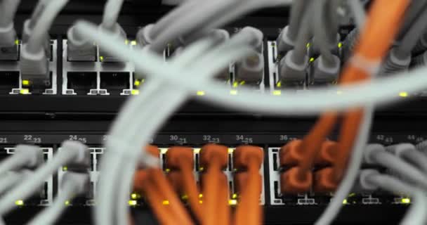 Світло і з'єднання на мережевому сервері. завантажені мережеві медіаконвертери та перемикачі Ethernet — стокове відео