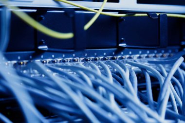 Oda ağ paneli, anahtarı ve kablo ile modern yüksek teknoloji Internet veri merkezi