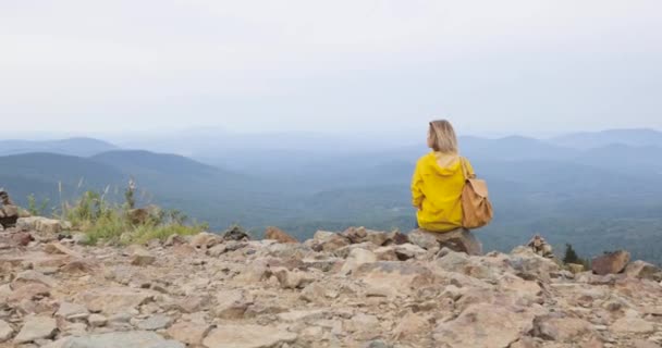 Rear view of a girl on top of a mountain, concept of tourism — Stock Video