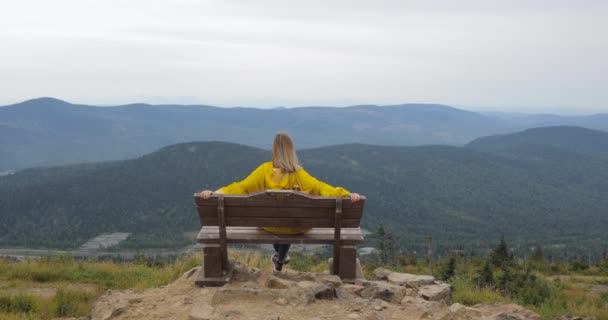 Vista posteriore di una ragazza sulla cima di una montagna, concetto di turismo — Video Stock