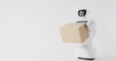 Karton ile özerk insansı robot el kutu. Sibernetik sistem bugün. Modern Robotik teknolojiler. Beyaz arka plan