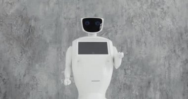 Modern Robot Teknolojileri. Robot kameraya kişiye bakıyor. Robot duygularını gösteriyor. Ellerini kaldırır, dans eder ya da öfkelenir. Ya da saldırır