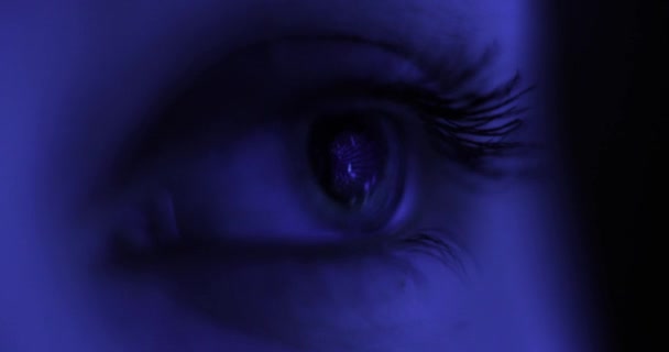 Macro Close-up oog knippert. Jonge vrouw is openen en sluiten van haar mooie ogen. Internet verslaving reflectie Hacker — Stockvideo