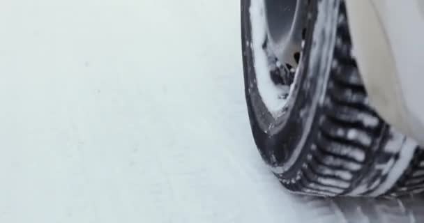 汽车在冬季风暴中行驶, 森林道路上有雪 — 图库视频影像