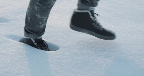 Fötterna promenader i snö. mul steg av hiker. kompletta vinter aktivitet utomhus — Stockvideo
