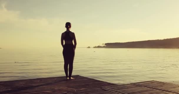Frau praktiziert Yoga in Baumpose auf einem Steg am Fluss bei Sonnenuntergang, Rückansicht. — Stockvideo