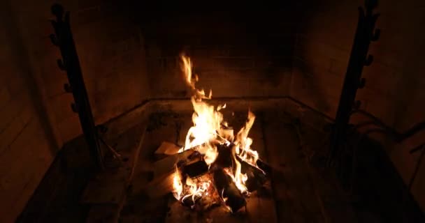 Fuego ardiente con maderas en la chimenea de ladrillo en la oscuridad, vista de primer plano . — Vídeos de Stock