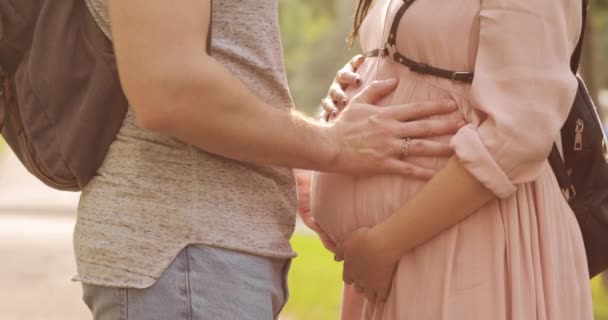 Κοντινό πλάνο στα χέρια του ανθρώπου αγγίζοντας έγκυο κοιλιά της γυναίκας του στο πάρκο. — Αρχείο Βίντεο