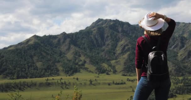 Mujer viajera turista admirando increíble vista en las montañas valle con río . — Vídeos de Stock