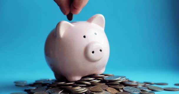 Man putting coins in piggy bank of pig shape in pile of coins, hand closeup. — Stock Video