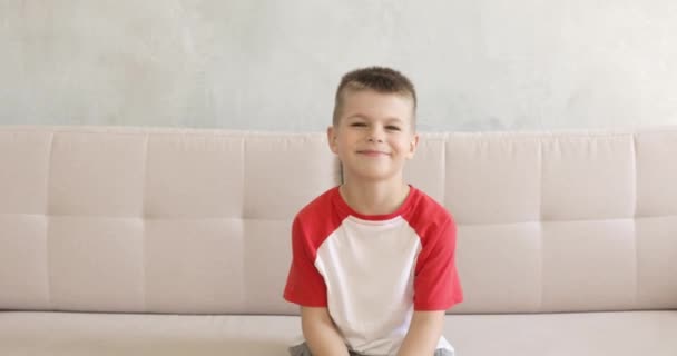 Portrait de jeune garçon souriant est assis sur le canapé à la maison dans l'intérieur moderne . — Video