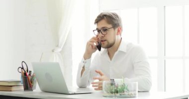 Ofis çalışanı akıllı telefondan konuşuyor. Bilgisayardaki belgeye bakıyor..