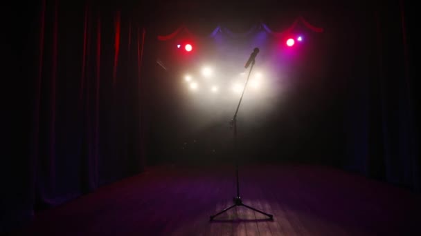 전문 콘서트용 마이크로 무대에서 녹음 하거나 청중에게 말하는 모습. — 비디오