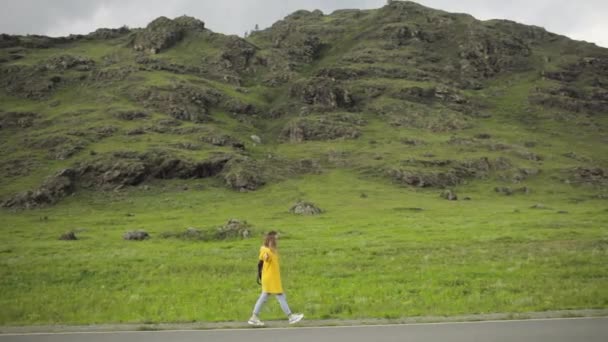 Donna viaggiatore autostoppista è sulla strada cercando di votare per fermare la macchina, vista laterale. — Video Stock