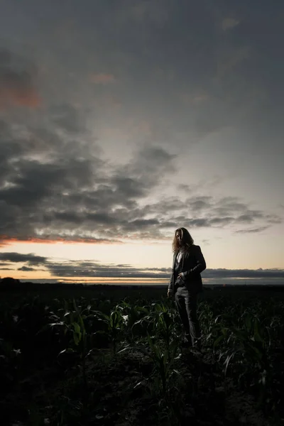 Jeune homme d'affaires se tient dans un champ en costume gris au coucher du soleil. Blond aux cheveux longs dans un champ de maïs — Photo