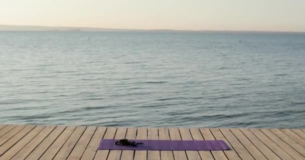 Purple sports mat on the wooden pier by the river on a sunny day. — Stock Video