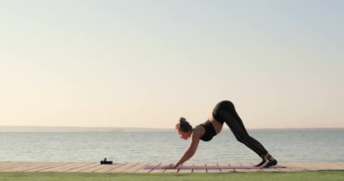 Kadın yoga pozları veriyor dinamik, aşağı yüz köpek ve yukarı bakan köpek pozları..