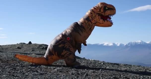 Большая кукла динозавров Тираннозавр Рекс с человеком внутри смешной танец. — стоковое видео