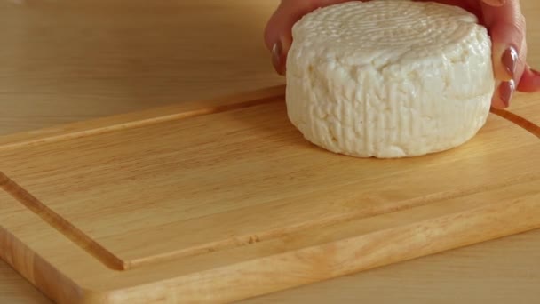 Woman Cutting Feta Cheese Knife Wooden Board — Stock Video