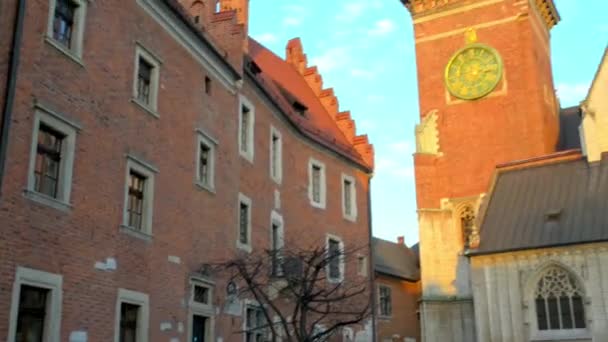 Wawel är en befäst arkitektoniskt komplex uppfördes på vänstra stranden av floden Vistula i Krakow, Polen. Finns det kungliga slottet och Wawel katedralen (som är basilikan St Stanislaw och St Waclaw). — Stockvideo