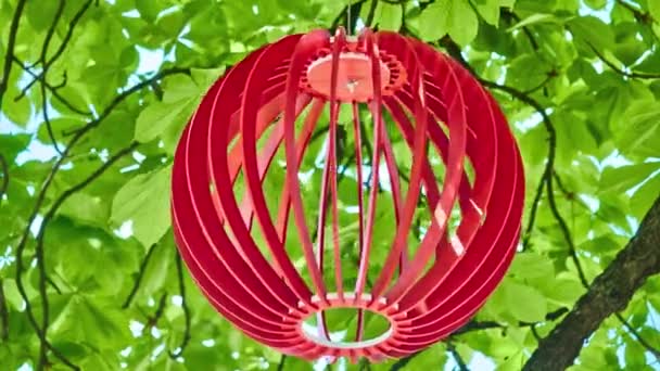 夏季城市公园树上的树叶上挂着红色的木球 — 图库视频影像