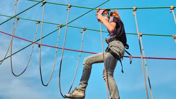 Girl Climbing Adventure Park Place Which Can Contain Wide Variety — Stock Video