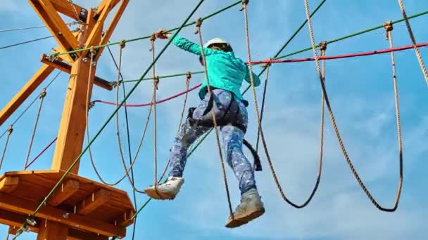 Kız Macera Park Tırmanma Çeşitli Egzersizler Engel Kursları Zip Hatları — Stok video
