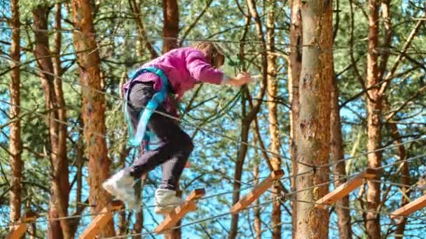 Menina pequena no parque de aventura. Parque de aventura é lugar que pode conter grande variedade de elementos, tais como exercícios de escalada de corda, cursos de obstáculos e tirolesa. Destinados a recreação . — Vídeo de Stock