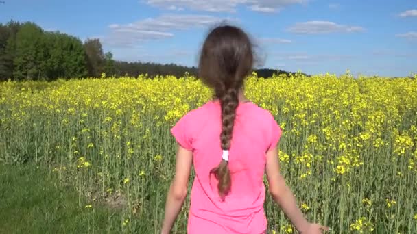 Mooi meisje loopt langs geel koolzaad veld. — Stockvideo