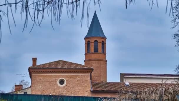 Tower of Church Saint Exupere Parish on 6 Lamarck Street near Museum of Toulouse, France. — Stock Video