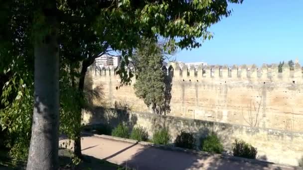 Alcazar de los Reyes Cristianos (slott av kristna monarker) i Cordoba, Andalusien, Spanien. Fästningen som tjänade som en av primära bostäder av Isabella I av Kastilien och Ferdinand Ii av Aragonien. — Stockvideo