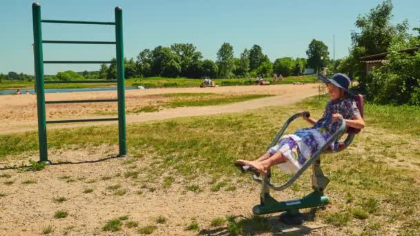 Kleines Mädchen Metallsportsimulator Nahe Strand Mit See Verlobt — Stockvideo