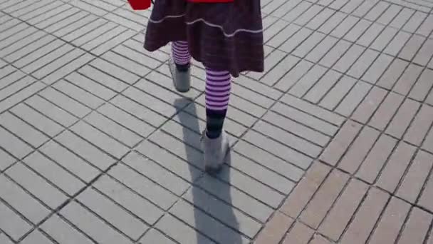 Ноги Маленької Дівчинки Йдуть Тротуарні Плити — стокове відео