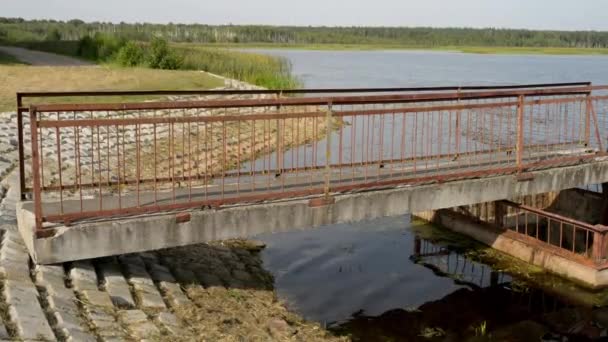 Little beautiful girl walking on metal bridge on big lake. — Stock Video