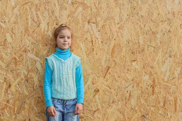 Little Girl Blue Sweater Stands Plywood Wall — Stock Photo, Image