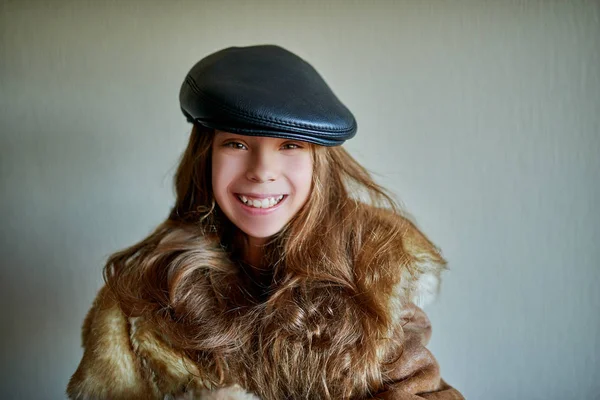 Little Beautiful Smiling Girl Warm Fur Coat Black Leather Cap — Stock Photo, Image