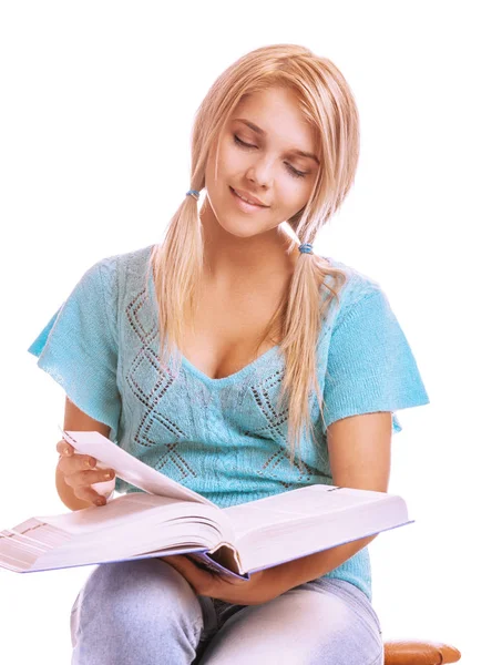 Beautiful Smiling Young Woman Blue Blouse Reading Big Book Isolated — Stock Photo, Image