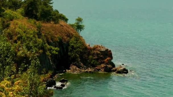 Blue sea against background of rocky overgrown shore. — Stock Video