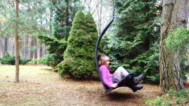 Due belle ragazze su sedia a dondolo nera pende su ramo d'albero in fattoria boscosa . — Video Stock