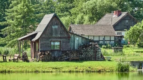 Ancienne Maison Bois Avec Stockage Bois Sur Rivage Beau Lac — Video