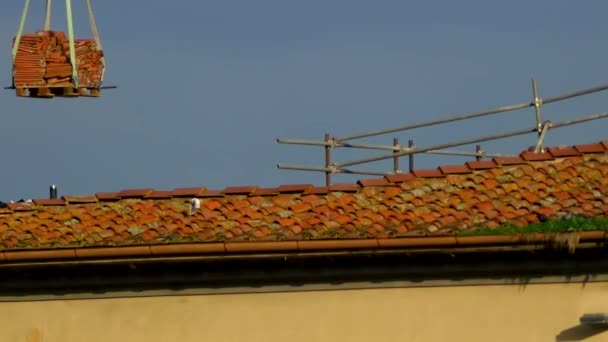 クレーンは屋根に赤いタイルを運ぶ — ストック動画