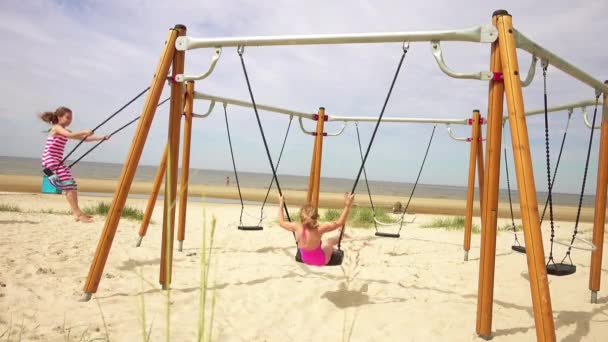 Two Little Beautiful Girls Swing Baltic Sea Jurmala Latvia — Stock Video