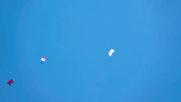 Three Colorful Parachutes Perform Trick Clear Blue Sky — Stock Video