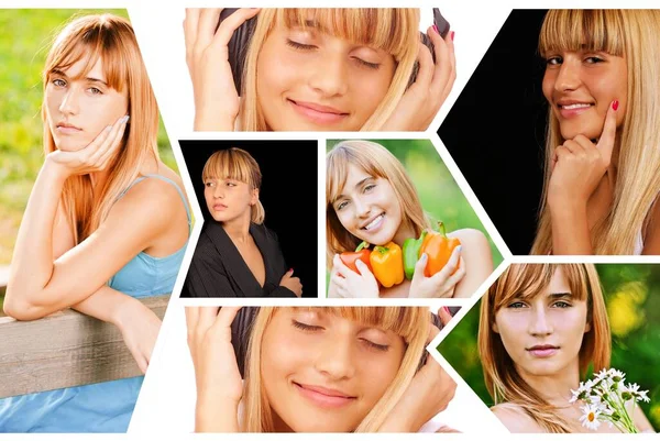 Collage Fotos Mujer Hermosa Joven Con Pelo Rubio Aire Libre —  Fotos de Stock