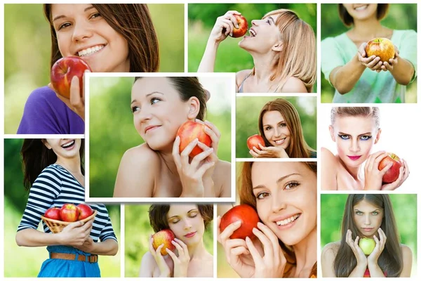 Collage Fotos Hermosa Joven Con Una Manzana Mano — Foto de Stock