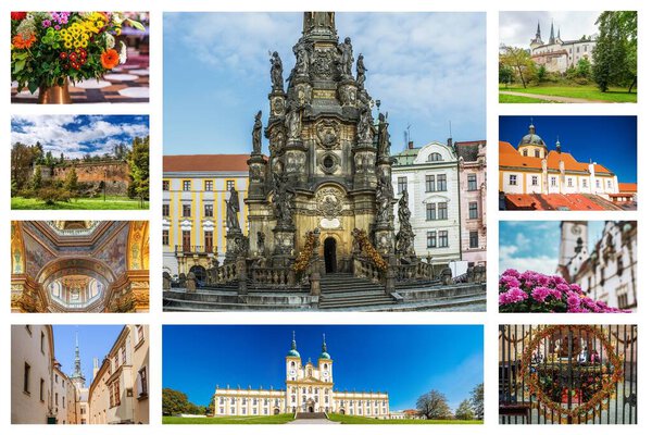 Фотоколлаж известных мест и городских пейзажей Оломоуц, город в Моравии, на востоке Чешской Республики. Расположенный на реке Морава, город является церковным мегаполисом и был исторической столицей Моравии
