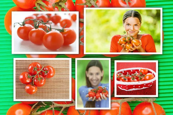 Collage Fotografico Bei Pomodori Maturi Rossi Bella Giovane Donna Che — Foto Stock